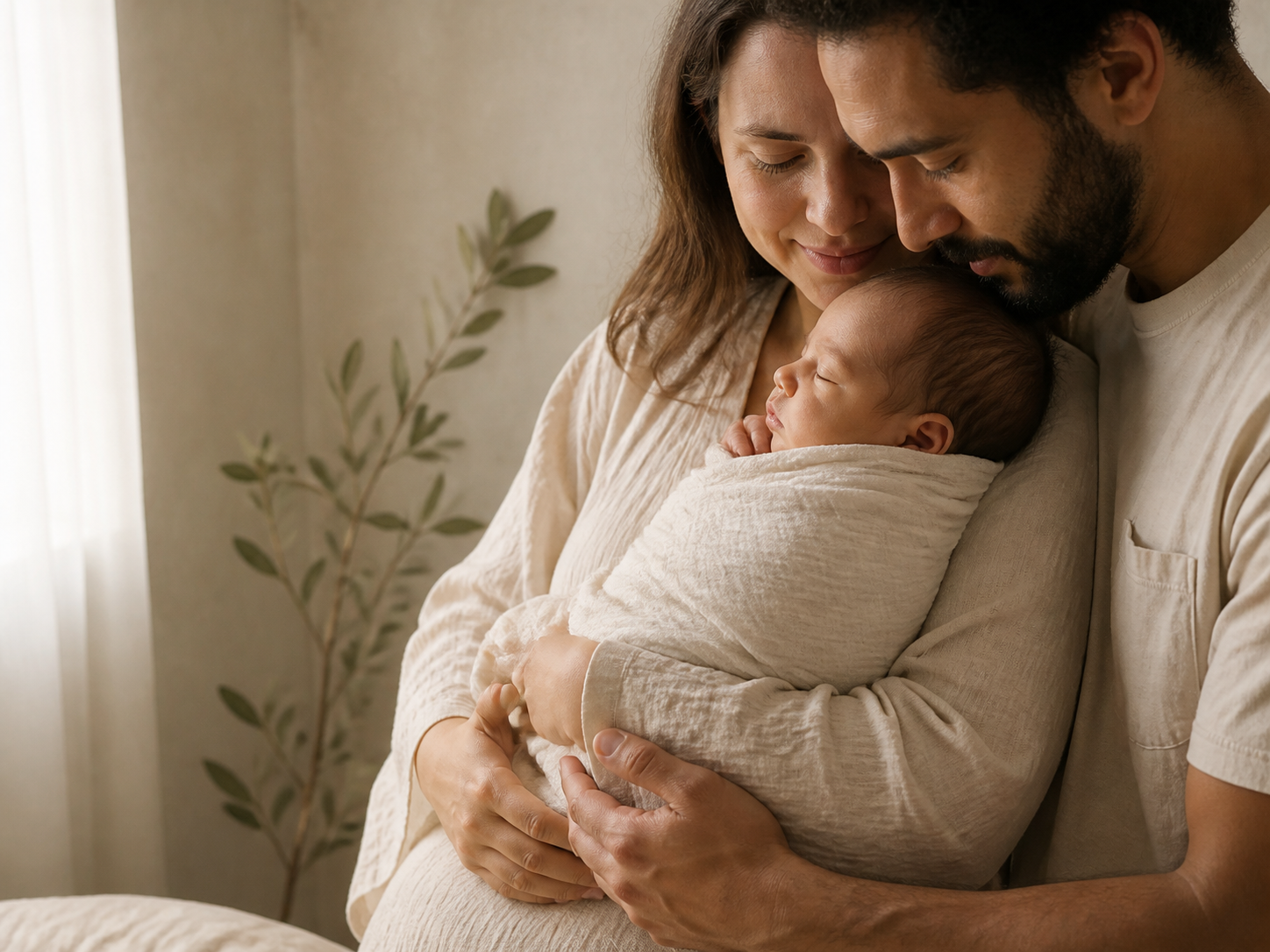 Two parents holding their sleeping newborn in warm window light